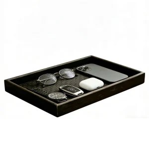 Dark Walnut Finish Wooden Valet Tray with Black Woven Faux Leather Base, MDF ...