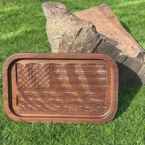Handcrafted 3D Wavy American Flag Tray Solid Walnut Wood Catchall Valet Dish USA