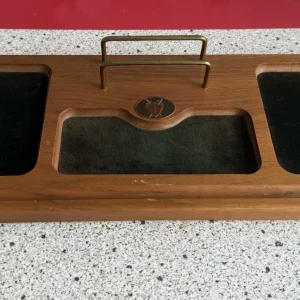 Vintage MCM Walnut Wood Men's Dresser Valet Tray Organizer Brass Catchall Caddy